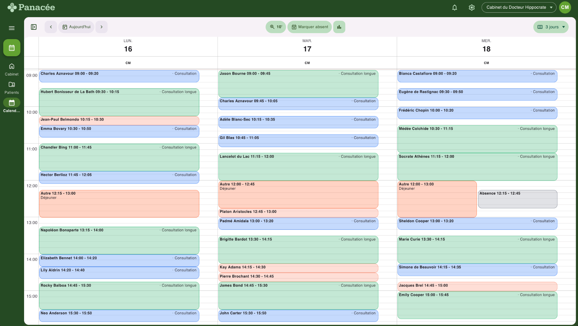 Vue complète de l'agenda médical Panacée Med