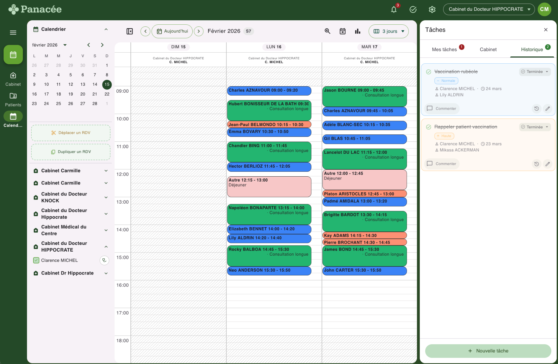 Interface Panacée Agenda : agenda médical avec calendrier, tâches et gestion du cabinet