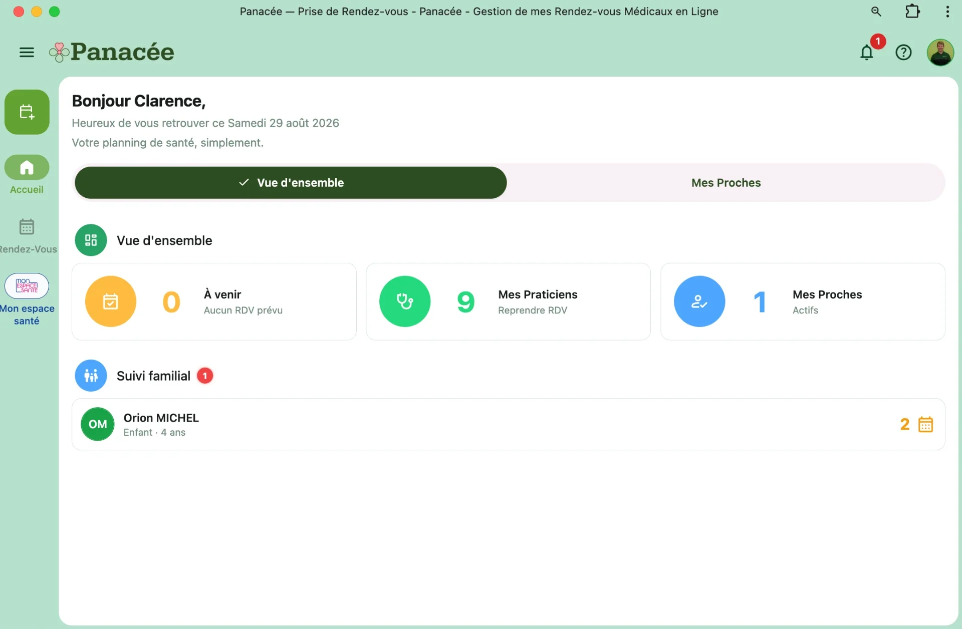 Tableau de bord Panacée Santé, gestion des rendez-vous et du suivi familial